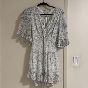 Floral Ruffle Dress in White and Gray